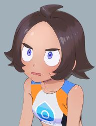 Rule 34 | 1girl, absurdres, ahoge, bare arms, blush, breasts, brown hair, collarbone, commentary request, creatures (company), game freak, grey background, gym trainer (pokemon), highres, medium hair, multicolored shirt, nintendo, open mouth, pokemon, pokemon swsh, purple eyes, shirt, shizuka no uni, simple background, sleeveless, sleeveless shirt, solo, sweatdrop, upper body