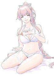 Rule 34 | 1girl, bikini, breasts, cleavage, hair flaps, hair ribbon, highres, kantai collection, looking at viewer, lotion, medium breasts, parted lips, pink hair, ponytail, ribbon, simple background, sitting, smile, solo, sunscreen, swimsuit, vent arbre, white background, white bikini, yokozuwari, yura (kancolle)