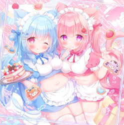 2girls ;) ahoge animal_ear_fluff animal_ears blouse blue_shirt blue_skirt blush borrowed_character cake cat_ears cat_girl cat_tail commentary_request cowboy_shot finger_in_own_mouth fish_hair_ornament food food-themed_hair_ornament groin hair_between_eyes hair_ornament highres kobone_(momozu_komamochi) looking_at_viewer maid midriff miruku_(momozu_komamochi) multiple_girls navel omochi_monaka one_eye_closed original pink_background pink_shirt pink_skirt plate shirt siblings sidelocks skindentation skirt smile standing strawberry_hair_ornament tail thighhighs twins twintails two_side_up white_legwear zettai_ryouiki