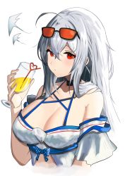 Rule 34 | 1girl, absurdres, ahoge, arknights, bare shoulders, blush, breasts, cleavage, cloud, commentary, cup, glass, hair between eyes, hand up, highres, holding, holding cup, juice, large breasts, long hair, looking at viewer, no headwear, off-shoulder shirt, off shoulder, official alternate costume, ozyomin, red eyes, shirt, short sleeves, silver hair, simple background, skadi (arknights), skadi (waverider) (arknights), solo, sweat, upper body, white background, white shirt