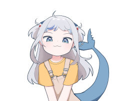 Rule 34 | 1girl, :3, absurdres, ahoge, alternate costume, blue eyes, blue hair, brown overalls, dot nose, fins, fish tail, gawr gura, grey hair, hair ornament, highres, hololive, hololive english, light blush, long hair, looking at viewer, mosi (mosi ss), multicolored hair, overalls, shark girl, shark hair ornament, shark tail, shirt, short sleeves, sidelocks, simple background, solo, streaked hair, tail, two side up, upper body, v arms, virtual youtuber, white background, yellow shirt