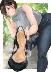 Rule 34 | 1girl, highres, holding, holding shoes, looking at viewer, medium hair, mature female, shoes, unworn shoes, single shoe, sleeveless, smile, steam