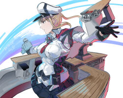 Rule 34 | 1girl, anchor, black gloves, blonde hair, blue eyes, blush, breasts, capelet, celtic knot, cowboy shot, cross, flight deck, gegeron, gloves, graf zeppelin (kancolle), hair between eyes, hat, highres, holding, holding turret, iron cross, kantai collection, large breasts, long hair, machinery, military, military hat, military uniform, necktie, pantyhose, peaked cap, rigging, sidelocks, signature, skirt, solo, turret, twintails, uniform, white background