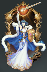 Rule 34 | 1girl, ahoge, alternate costume, arm up, armor, armored dress, artist name, blue cape, blue dress, blue eyes, blue hair, breastplate, cape, commentary, commission, detached sleeves, dress, english commentary, falchion (fire emblem), fire emblem, fire emblem awakening, full body, fur-trimmed cape, fur trim, gold trim, highres, holding, holding shield, holding sword, holding weapon, looking up, meziosaur, morgan (female) (fire emblem), morgan (fire emblem), nintendo, shield, short hair, solo, sword, tiara, two-tone dress, weapon, white dress, white sleeves