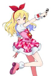 Rule 34 | 1girl, aikatsu!, aikatsu! (series), blonde hair, bow, closed mouth, frilled skirt, frills, hair bow, hairband, highres, holding, holding microphone, hoshimiya ichigo, idol clothes, long hair, looking at viewer, microphone, necktie, ogura (sao no), one eye closed, outstretched arm, petticoat, pink footwear, pink skirt, pink vest, puffy short sleeves, puffy sleeves, red bow, red eyes, red hairband, red necktie, shirt, short sleeves, simple background, skirt, smile, solo, standing, standing on one leg, vest, white background, white shirt, wrist cuffs