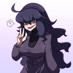 Rule 34 | 1girl, ?, @ @, ahoge, alternate breast size, black hair, blush, breasts, commentary, creatures (company), dress, game freak, hairband, hand up, hex maniac (pokemon), large breasts, long hair, looking at viewer, messy hair, nintendo, omoitsuka, open mouth, outline, pink outline, pokemon, pokemon xy, purple eyes, purple hairband, smile, solo, spoken question mark, tongue, w