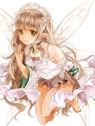 Rule 34 | 10s, 1girl, bad id, bad pixiv id, barefoot, breasts, brown hair, brown shorts, camisole, character request, closed mouth, commentary request, detached sleeves, fairy, fairy wings, fingernails, green eyes, hand to own mouth, long hair, long sleeves, merc storia, naoton, pointy ears, short shorts, shorts, simple background, small breasts, smile, solo, toenails, very long hair, white background, white camisole, wide sleeves, wings