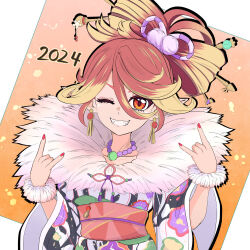 Rule 34 | 1girl, 2024, blonde hair, character request, commentary request, copyright request, earrings, fingernails, floral print, gold earrings, grin, hair between eyes, hair ornament, hair stick, highres, japanese clothes, jewelry, kimono, long bangs, looking at viewer, multicolored hair, necklace, obi, one eye closed, orange eyes, orange hair, pink sash, print kimono, red nails, sash, shiro beer, short hair, smile, solo, swept bangs, two-tone hair, updo, upper body