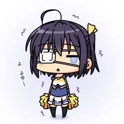 Rule 34 | 10s, 1girl, :&lt;, ahoge, blue eyes, cheerleader, chibi, chuunibyou demo koi ga shitai!, eyepatch, female focus, k10k, lowres, pom pom (cheerleading), short hair, side ponytail, solo, takanashi rikka, trembling, triangle mouth