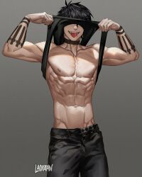 Rule 34 | 1boy, abs, arm tattoo, artist logo, artist name, black hair, black pants, black tank top, clothes pull, covered eyes, cowboy shot, darius (laosmut), grey background, highres, laovaan, male focus, mouth piercing, muscular, muscular male, navel, neck tattoo, nipples, open mouth, original, pants, shirt pull, smile, solo, tank top, tattoo, teeth, tongue, tongue out