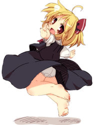 Rule 34 | 1girl, barefoot, blonde hair, fang, full body, hair ribbon, long sleeves, looking at viewer, matatabi (nigatsu), open mouth, outstretched arms, panties, pantyshot, red eyes, ribbon, rumia, shirt, simple background, skirt, smile, solo, spinning, standing, touhou, underwear, upskirt, vest, white background, white panties