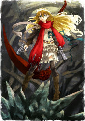 Rule 34 | 1girl, absurdres, blonde hair, blue eyes, desert eagle, dual wielding, gun, handgun, highres, holding, original, pistol, realmbw, scarf, solo, torn clothes, torn scarf, weapon, weapon on back