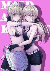 Rule 34 | 2girls, absurdres, apron, artoria pendragon (all), artoria pendragon (alter swimsuit rider) (fate), artoria pendragon (alter swimsuit rider) (second ascension) (fate), artoria pendragon (fate), belt, belt buckle, bikini, bikini top only, black bikini, black gloves, black ribbon, black shirt, black shorts, black skirt, blonde hair, braid, breasts, buckle, closed mouth, commentary, dual persona, english commentary, fate/grand order, fate (series), french braid, gloves, hair ribbon, highres, longdq3008, looking at viewer, maid headdress, multiple girls, navel, official alternate costume, pale skin, pink background, ponytail, ribbon, saber alter, saber alter (ver. shinjuku 1999) (fate), shirt, short hair, shorts, sidelocks, simple background, skirt, sleeveless, sleeveless shirt, small breasts, swimsuit, waist apron, white apron, white belt, yellow eyes