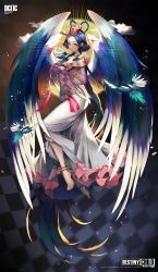 Rule 34 | 1girl, absurdres, anklet, bare shoulders, barefoot, blue eyes, blue hair, braid, cloud, copyright name, crown braid, dated, destiny child, dress, full body, hair ornament, hair rings, hair stick, hand up, highres, jewelry, looking at viewer, magpie, official art, original, see-through, short hair, smile, watermark, white dress, wings, yuri (anachronic)