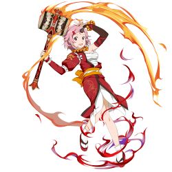 Rule 34 | 1girl, asymmetrical sleeves, breasts, cleavage, fire, fire, full body, highres, horns, jewelry, lisbeth (sao), necklace, pink hair, single horn, socks, solo, sword art online, sword art online: memory defrag, transparent background, uneven sleeves, war hammer, weapon, white socks