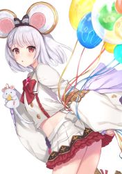 Rule 34 | 1girl, animal, animal ears, balloon, bow, bowtie, brooch, buttons, carrying, commentary request, cowboy shot, crop top, crop top overhang, fake animal ears, frilled skirt, frills, granblue fantasy, hair bow, hair ornament, hairclip, heart, heart brooch, jewelry, kon (k0n16), looking at viewer, midriff, miniskirt, mouse (animal), mouse ears, parted lips, pleated skirt, red bow, red eyes, shirt, short hair, silver hair, skirt, solo, thighs, vikala (granblue fantasy), white shirt, white skirt, wide sleeves