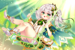 Rule 34 | 1girl, :d, bare shoulders, blurry, blurry background, blush, breasts, commentary request, cross-shaped pupils, depth of field, dress, full body, genshin impact, gradient hair, green eyes, green hair, grey hair, hair ornament, hands up, long hair, looking at viewer, multicolored hair, nahida (genshin impact), no shoes, open mouth, pointy ears, short shorts, shorts, side ponytail, sitting, sleeveless, sleeveless dress, small breasts, smile, socks, soles, solo, stirrup legwear, streaked hair, suzunone rena, swing, symbol-shaped pupils, thighs, toeless legwear, white dress, white shorts, white socks