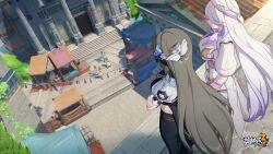 Rule 34 | 2girls, chinese commentary, closed mouth, crossed arms, day, hare (honkai impact), highres, honkai (series), honkai impact 3rd, long hair, looking down, multiple girls, official art, official wallpaper, outdoors, peacock feathers, rooftop, spoilers, vita (honkai impact), white hair