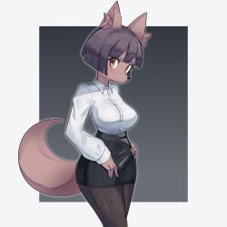 Rule 34 | 1girl, animal ear fluff, animal ears, black background, black pantyhose, black skirt, blush, body fur, border, breasts, brown eyes, brown fur, chatora (0-furry-beast-0), collared shirt, fox ears, fox girl, fox tail, furry, furry female, grey border, hand on own hip, highres, looking to the side, medium breasts, original, outside border, pantyhose, shirt, shirt tucked in, short hair, skirt, smile, snout, solo, tail, white shirt
