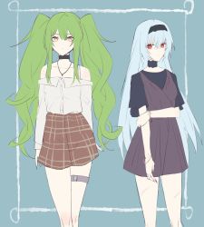 Rule 34 | 2girls, black choker, black hairband, black shirt, blue hair, bracelet, breasts, brown dress, checkered clothes, checkered skirt, choker, closed mouth, collarbone, dress, earrings, feet out of frame, fingernails, girls&#039; frontline, green hair, hair ornament, hairband, hairclip, highres, holding own arm, jewelry, long hair, looking at viewer, m950a (girls&#039; frontline), multiple girls, nail polish, necklace, orange nails, red eyes, shirt, simple background, skirt, small breasts, standing, stardust-kun, thunder (girls&#039; frontline), twintails, white shirt, yellow eyes