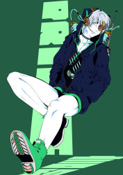 Rule 34 | 1girl, alternate costume, aqua eyes, back, bare legs, boots, cable, choker, full body, green background, green footwear, grin, hands in pockets, head tilt, headphones, highres, hood, hooded jacket, jacket, jin chongtian, liquid, long sleeves, looking at viewer, monocle, pale skin, radio antenna, short hair, shorts, silver hair, smile, solo, stitches, teeth, text background, text focus, unzipped, vocaloid, vocanese, yan he, yanhe