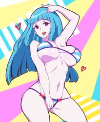 Rule 34 | 1girl, arm up, armpits, bikini, blue hair, breasts, covered erect nipples, drooling, large breasts, long hair, looking at viewer, me!me!me!, meme (me!me!me!), moisture (chichi), open mouth, purple eyes, solo, striped bikini, striped clothes, swimsuit