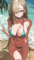 Rule 34 | 1girl, absurdres, asuna (blue archive), bare arms, bare legs, bare shoulders, beach, bikini, blue archive, blue bikini, blue eyes, blue ribbon, blush, breasts, cleavage, collarbone, cowboy shot, day, grin, hair over one eye, hair ribbon, highres, large breasts, light brown hair, long hair, looking at viewer, mole, mole on breast, navel, ocean, outdoors, ribbon, riel (ataraxia2334), smile, solo, swimsuit, teeth, v, water