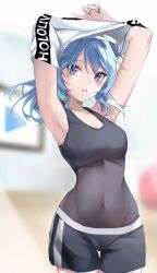 Rule 34 | 1girl, armpits, black leotard, blue eyes, blue hair, blue nails, breasts, caicos, covered navel, highres, hololive, hololive dance practice uniform, hoshimachi suisei, leotard, leotard under clothes, looking at viewer, midriff, nail polish, navel, official alternate costume, parted lips, shorts, small breasts, solo, sports bra, star (symbol), star in eye, symbol in eye, undressing, virtual youtuber