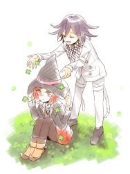 Rule 34 | 1boy, 1girl, black headwear, black pantyhose, boots, brown eyes, buttons, checkered clothes, checkered scarf, closed eyes, couple, danganronpa (series), danganronpa v3: killing harmony, flower, happy, hat, jacket, open mouth, oma kokichi, pants, pantyhose, purple hair, red hair, red skirt, sad, scarf, shirt, shoes, short hair, skirt, straitjacket, witch hat, yumeno himiko