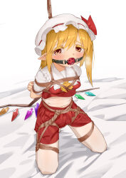 Rule 34 | 1girl, absurdres, arms behind back, ball gag, bdsm, blonde hair, bondage, bound, breasts, crystal, flandre scarlet, gag, hat, highres, kneeling, long hair, looking at viewer, mob cap, red eyes, red shirt, red skirt, restrained, shibari, shibari over clothes, shirt, skirt, small breasts, solo, tears, touhou, wiffle gag, wings, yazato ichimushi