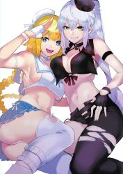 Rule 34 | 2girls, absurdres, aka shiro kiiro, anchor choker, arm strap, armpits, ass, asymmetrical clothes, bare shoulders, belt, beret, bikini, black bikini, black gloves, black headwear, black pants, blonde hair, blue eyes, blue skirt, braid, braided ponytail, breasts, buckle, chain, choker, cleavage, crop top, crop top overhang, dolphin, fate/apocrypha, fate/grand order, fate (series), fingerless gloves, gloves, grin, hand on another&#039;s back, hat, highres, jeanne d&#039;arc (fate), jeanne d&#039;arc (mystery treasure) (fate), jeanne d&#039;arc (ruler) (fate), jeanne d&#039;arc alter (fate), jeanne d&#039;arc alter (mystery treasure) (fate), large breasts, long hair, looking at viewer, midriff, mini hat, multiple girls, mystery treasure, navel, official alternate costume, open mouth, pants, pleated skirt, ponytail, sailor collar, shirt, sideboob, silver hair, single braid, single pantsleg, skirt, smile, swimsuit, thighhighs, thighs, torn clothes, torn pants, very long hair, white gloves, white headwear, white legwear, white shirt, yellow eyes
