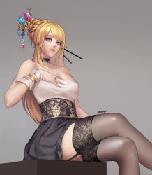 Rule 34 | 00s, 1girl, artist name, bare shoulders, black skirt, black thighhighs, blonde hair, braid, braided bun, breasts, choker, crossed legs, crystal, dungeon and fighter, elsword, eyelashes, female gunner (dungeon and fighter), floral print, garter straps, gradient background, grey background, hair bun, hair ornament, hair stick, hand on breast, korean clothes, large breasts, long hair, looking at viewer, looking to the side, md5 mismatch, monaim, parted lips, rose (elsword), shiny clothes, sitting, skirt, solo, strapless, swept bangs, thighhighs