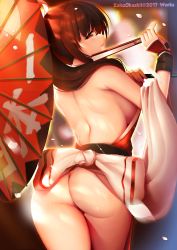 Rule 34 | 1girl, arched back, artist name, ass, blush, breasts, brown hair, commentary request, day, folding fan, from behind, hair between eyes, hair over shoulder, hand fan, hands up, highres, holding, holding fan, japanese clothes, kaho okashii, large breasts, light smile, long hair, oil-paper umbrella, parted lips, ponytail, red eyes, shiranui mai, sidelocks, smile, solo, sunlight, the king of fighters, umbrella, wedgie