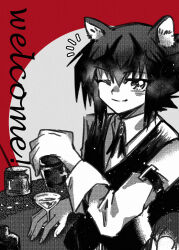 Rule 34 | 1boy, alternate costume, animal ears, bartender, cat ears, cup, drinking glass, greyscale with colored background, hair between eyes, highres, kemonomimi mode, long sleeves, looking at viewer, male focus, multicolored hair, ncross 125, one eye closed, sidelocks, smile, solo, two-tone hair, upper body, wine glass, yu-gi-oh!, yu-gi-oh! gx, yuki judai