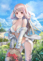 Rule 34 | 1girl, bad id, bad pixiv id, bikini, breasts, brown hair, cleavage, cloud, day, flower, folded hair, front-tie top, hair rings, highres, large breasts, lens flare, long hair, looking at viewer, miso katsu, open clothes, original, pink hair, red eyes, shiny skin, side-tie bikini bottom, sky, smile, solo, sunlight, swimsuit, white bikini