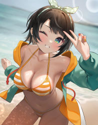 Rule 34 | 1girl, absurdres, beach, bikini, black hair, blurry, blurry background, breasts, cleavage, collarbone, commentary, dodota, dutch angle, green eyes, green jacket, grin, hair ribbon, highres, hololive, jacket, large breasts, lens flare, looking at viewer, multicolored clothes, multicolored jacket, multicolored nails, nail polish, navel, ocean, oozora subaru, oozora subaru (hololive summer 2019), orange bikini, orange jacket, outdoors, ribbon, short hair, smile, solo, standing, striped bikini, striped clothes, swept bangs, swimsuit, symbol-only commentary, two-tone jacket, v, virtual youtuber