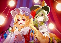 Rule 34 | 2girls, black headwear, blonde hair, bow, button eyes, buttons, closed mouth, commentary request, crystal, flandre scarlet, frilled shirt collar, frilled sleeves, frills, green eyes, green hair, hat, hat bow, hat ribbon, hugging object, komeiji koishi, long sleeves, looking at viewer, medium hair, mob cap, multicolored wings, multiple girls, one side up, open mouth, puffy short sleeves, puffy sleeves, red eyes, red skirt, red vest, ribbon, shirt, short sleeves, side ponytail, skirt, smile, stuffed animal, stuffed cat, stuffed toy, teddy bear, touhou, vest, white headwear, wide sleeves, wings, yellow bow, yellow shirt, yomogi 9392