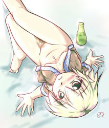 Rule 34 | 1girl, barefoot, blonde hair, blush, bottle, bottomless, breasts, drink, feet, female focus, from above, looking up, merri, mizuhashi parsee, open clothes, open shirt, pussy, shirt, short hair, solo, touhou, uncensored, wakamezake