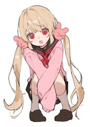 Rule 34 | 1girl, :o, arms on knees, black sailor collar, black skirt, blonde hair, brown footwear, grey background, hair ornament, head tilt, highres, kneehighs, loafers, long hair, looking at viewer, low twintails, natori sana, neckerchief, pink sweater, rabbit hair ornament, red eyes, red neckerchief, sailor collar, sana channel, school uniform, shoes, simple background, skirt, sleeves past fingers, sleeves past wrists, socks, solo, squatting, sweater, twintails, v-shaped eyebrows, v arms, virtual youtuber, white socks, zumi tiri