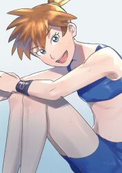 1girl :d asymmetrical_hair blue_eyes blue_shorts blush bra breasts creatures_(company) eyelashes game_freak gym_leader legs looking_at_viewer midriff misty_(pokemon) navel nintendo open_mouth orange_hair papurikagakusyu pokemon pokemon_frlg ponytail short_hair shorts side_ponytail sitting smile solo sports_bra sportswear sweat teeth thighs tongue underwear wristband