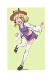 Rule 34 | 1girl, :d, black footwear, blonde hair, border, breasts, brown hat, full body, green background, gyouza (mhea5724), happy, hat, highres, long sleeves, mary janes, midriff, moriya suwako, navel, open mouth, purple skirt, purple vest, pyonta, shirt, shoes, short hair, simple background, skirt, skirt set, small breasts, smile, solo, standing, standing on one leg, thighhighs, touhou, turtleneck, vest, white border, white shirt, white thighhighs, wide sleeves