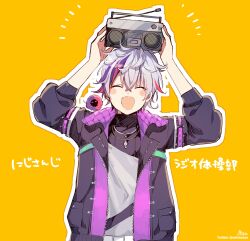 Rule 34 | 1boy, :d, ^ ^, absurdres, arms up, black jacket, blush stickers, closed eyes, commentary request, facing viewer, fuwa minato, grey hair, hair between eyes, highres, holding, jacket, long sleeves, male focus, multicolored hair, nijisanji, open clothes, open jacket, open mouth, orange background, outline, puffy long sleeves, puffy sleeves, purple hair, red hair, shirt, signature, simple background, smile, sofra, solo, stereo, streaked hair, translation request, twitter username, upper body, virtual youtuber, white outline, white shirt