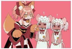 Rule 34 | !, 3girls, :3, animal ear fluff, animal ears, animal hands, apron, bell, blush, bob cut, border, bow, bowtie, breasts, cleavage, collar, cowboy shot, daikokuten (fate), dark-skinned female, dark skin, detached sleeves, fangs, fate/grand order, fate (series), fox ears, hair between eyes, hair bow, japanese clothes, katagiri (mighty swing), kimono, long sleeves, looking at another, maid, maid headdress, medium breasts, medium hair, mouse ears, mouse girl, mouse tail, multiple girls, neck bell, orange tail, parted lips, ponytail, red background, red bow, red bowtie, red eyes, red kimono, short hair, siblings, sidelocks, simple background, surprised, tail, tamamo (fate), tamamo cat (fate), twins, twintails, white apron, white border, yellow eyes