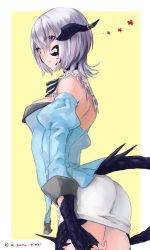 Rule 34 | 10s, 1girl, arched back, au ra, breasts, claws, daikichi maru, detached sleeves, dragon girl, final fantasy, final fantasy xiv, from side, heterochromia, highres, horns, md5 mismatch, medium breasts, pencil skirt, purple eyes, short hair, silver hair, simple background, single horn, skirt, solo, tail, twitter username, warrior of light (ff14), yellow background