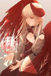 Rule 34 | 1girl, absurdres, angel, angel wings, blonde hair, breasts, cleavage, cleavage cutout, clothing cutout, commentary request, dress, head wings, highres, long hair, long sleeves, original, partially unzipped, pointy ears, red dress, red eyes, red wings, savuxan, simple background, sleeve garter, solo, unzipped, wings, zipper, zipper pull tab