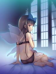 Rule 34 | 1girl, arm support, ass, back, bare arms, bare legs, bare shoulders, barefoot, bed sheet, black bra, black eyes, black hair, black panties, blue bow, bow, bra, chima q, closed mouth, fairy wings, feet, from behind, full body, hair bow, highres, indoors, panties, profile, sitting, smile, soles, solo, star sapphire, touhou, transparent wings, underwear, underwear only, wings, yokozuwari