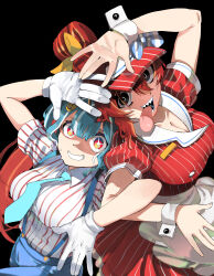 Rule 34 | + +, 2girls, absurdres, apron, black background, blue hair, breasts, cleavage, commentary request, empty eyes, gloves, hand up, height difference, highres, korean commentary, large breasts, locked arms, mesmerizer (vocaloid), multicolored hair, multiple girls, nekota tsuna, nervous sweating, open mouth, pinstripe pattern, pinstripe shirt, pinstripe skirt, red hair, red shirt, red skirt, ringed eyes, sharp teeth, shippi, shiranami ramune, shirt, simple background, skirt, streaked hair, striped clothes, striped shirt, suspenders, sweat, teeth, tongue, tongue out, vertical-striped clothes, vertical-striped shirt, very sweaty, virtual youtuber, visor cap, vspo!, waist apron, waitress, white apron, white gloves, white shirt, wrist cuffs