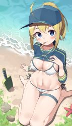 Rule 34 | 1girl, absurdres, ahoge, artoria pendragon (fate), baseball cap, beach, bikini, blonde hair, blue eyes, blush, breasts, clam shell, cleavage, closed mouth, covered erect nipples, day, fate/grand order, fate (series), from above, hat, highres, hop3, jacket, jacket over swimsuit, legs together, looking at viewer, mysterious heroine x (fate), mysterious heroine xx (fate), ocean, outdoors, ponytail, popsicle stick, sand, short hair, shovel, side-tie bikini bottom, sidelocks, sitting, smile, solo, swimsuit, thigh gap, thigh strap, wariza, water, white bikini, zipper