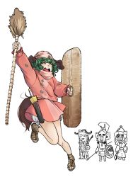 Rule 34 | armor, bamboo broom, belt, broom, buckler, closed eyes, commentary request, dongsa wonhyong, green hair, hat, helmet, highres, holding, holding shield, hoplite, jumping, kasodani kyouko, kasodani kyouku, leg up, long sleeves, multiple girls, open mouth, outstretched arm, pink hat, sandals, sheath, sheathed, shield, short hair, shouting, sling (weapon), sword, toeless footwear, tongue, tongue out, touhou, tunic, weapon, white background
