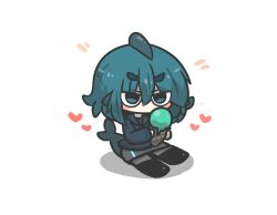 Rule 34 | 1girl, black footwear, blue eyes, blue hair, blue hoodie, blush, chibi, commentary request, fins, fish tail, food, fuka-chan, full body, grey pantyhose, grey skirt, hair between eyes, heart, highres, holding, holding food, hood, hood down, hoodie, ice cream, ice cream cone, long sleeves, looking at viewer, notice lines, original, pantyhose, puffy long sleeves, puffy sleeves, shadow, shark tail, short eyebrows, simple background, skirt, sleeves past wrists, solo, tail, thick eyebrows, uni souchou, v-shaped eyebrows, white background